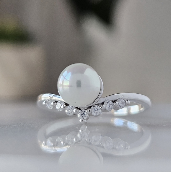 Dainty Pearl Wishbone Ring, 925 Sterling Silver Charmed Aroma - Picture 3 of 8